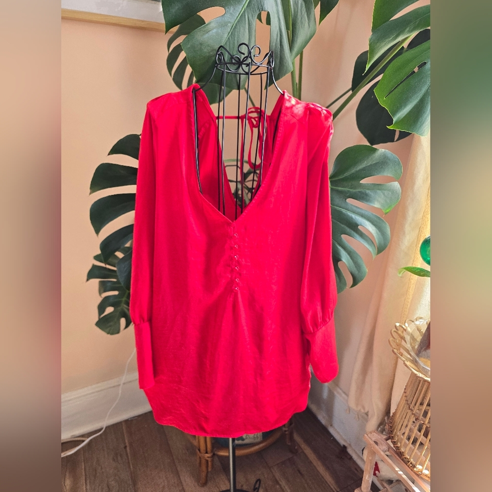 Express Red Backless Tie Front Long Sleeve Blouse